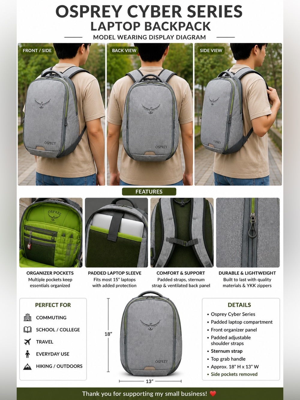 Osprey Cyber Series Laptop Backpack Gray Green Padded Computer Travel School Day